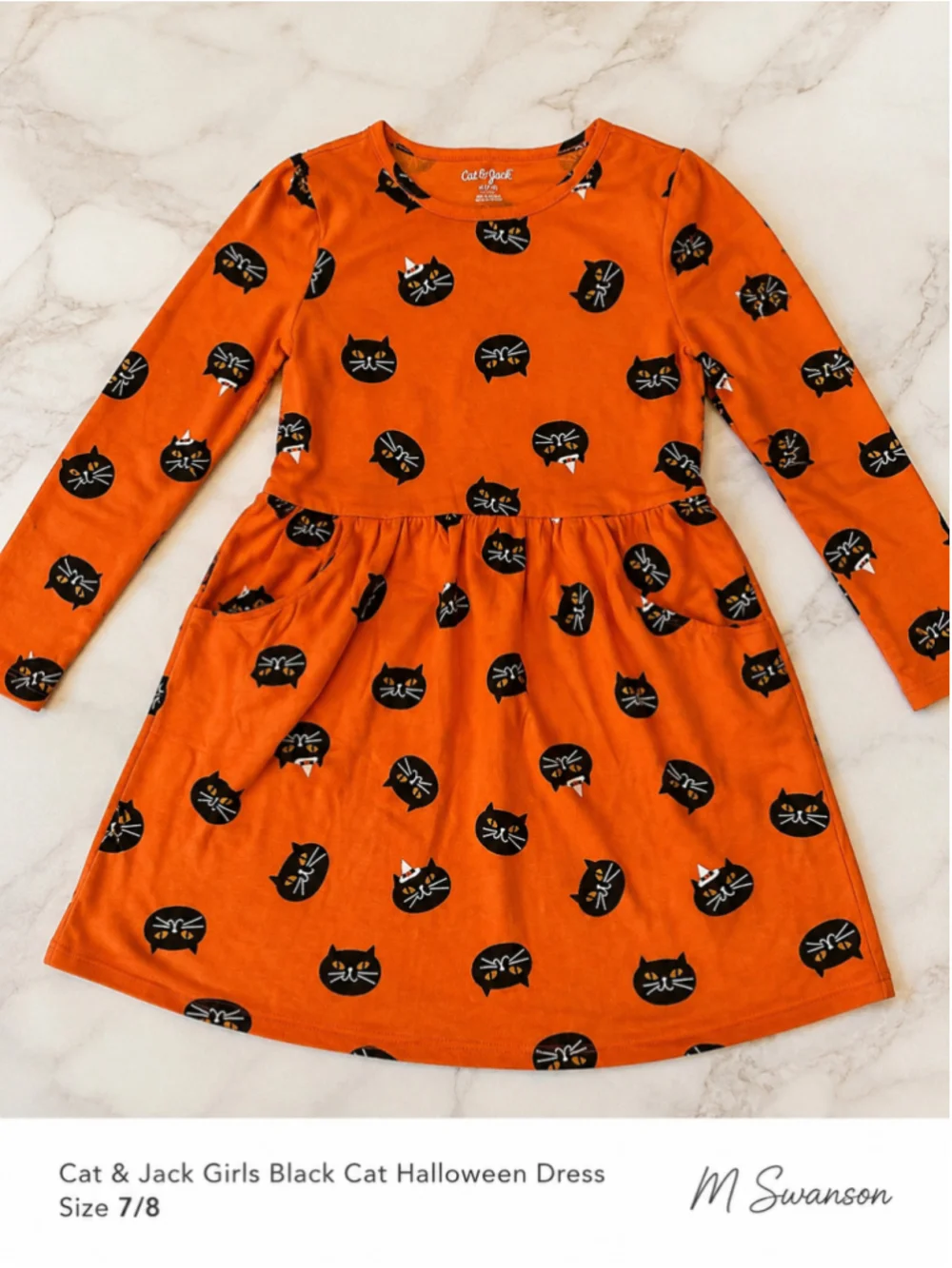Cat & Jack Girls Size 7/8 Orange Black Cat Halloween Dress with Pockets